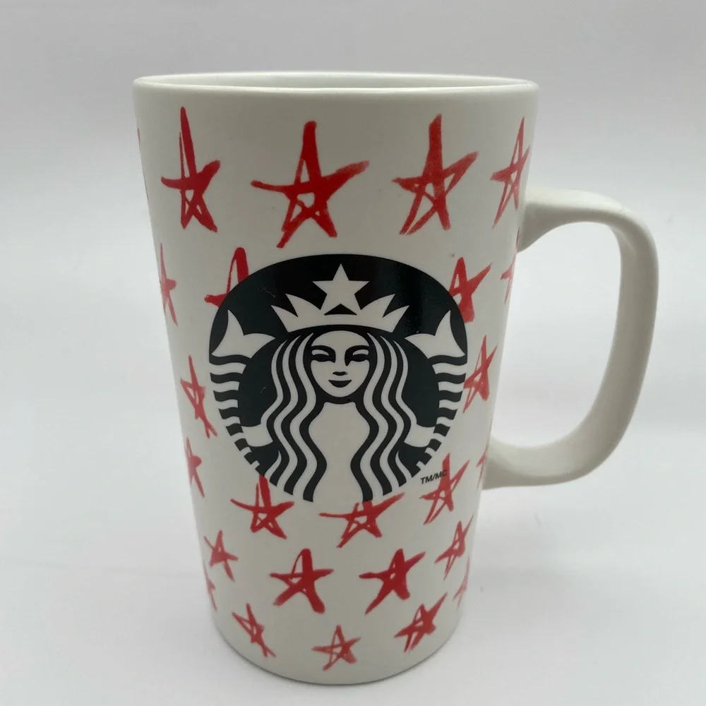 Starbucks 2014 Red Stars Ceramic Coffee Mug 16oz Grande Tall White Hand Drawn